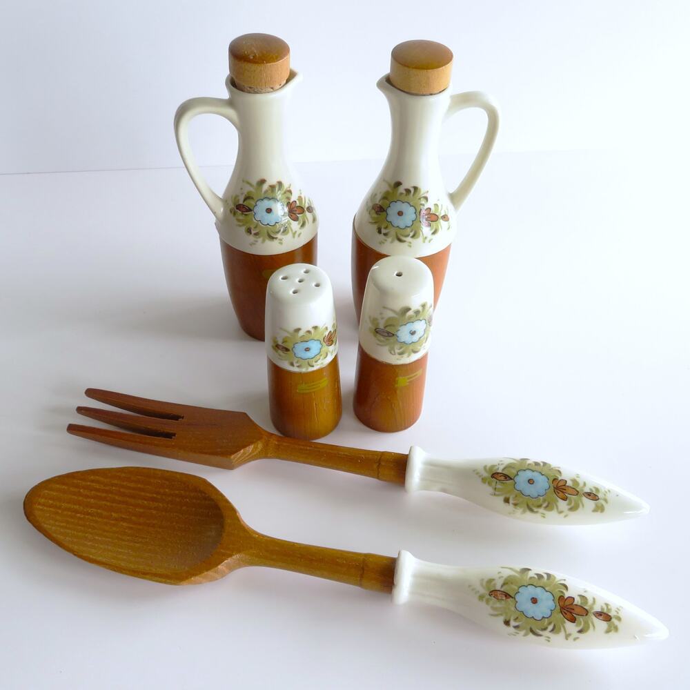 Vintage 6 Pc Salad Set Japan Wood Ceramic Kresge Oil Vinegar Salt Pepper MCM